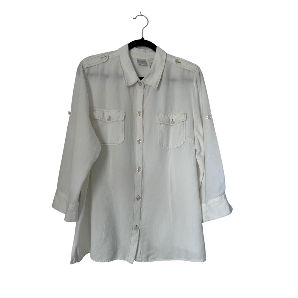 Emma James Woman Linen Blend Top Size 18W White Sheer Roll Tab Sleeve Lagenlook